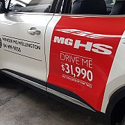 Red stripe vinyl wrap with promotional graphics